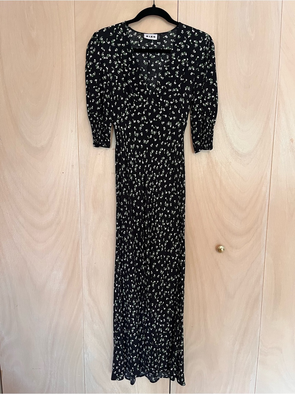 RIXO Black Maxi Dress with Cream Floral Print